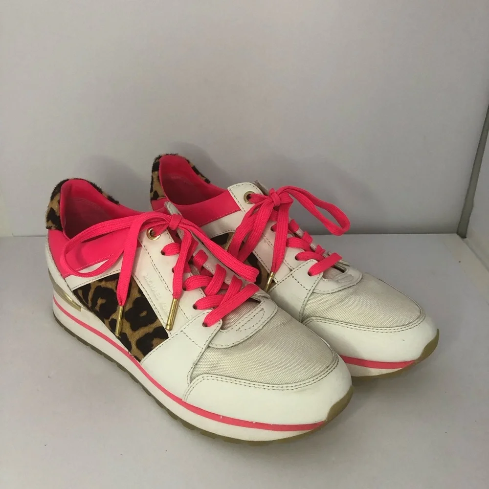 Michael Kors Billie Sneakers Trainer Lace Up Leopard Pink White Size 8.5 Calf